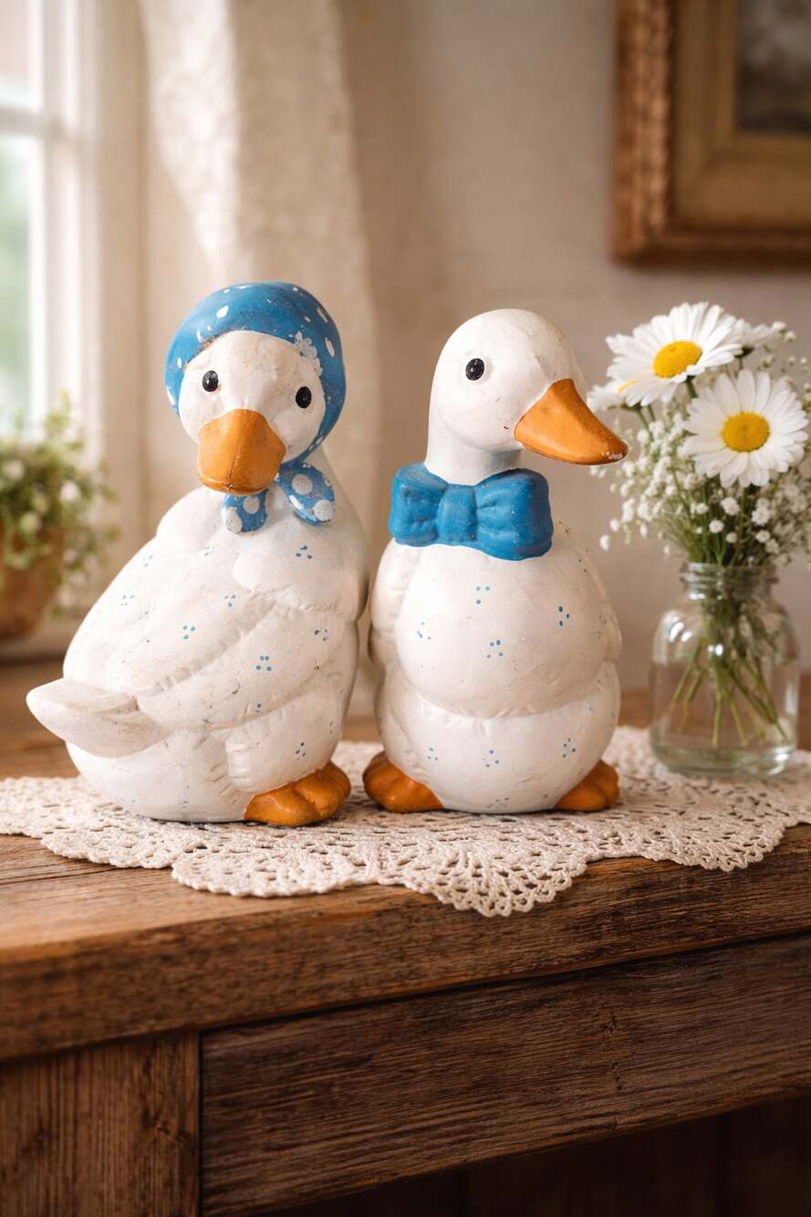Vintage House of Lloyd Ceramic Duck and Goose Figurines Set with Blue Bonnet and